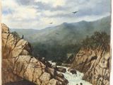 an image of a painting of a waterfall in the mountains