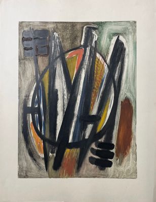 peinture représentant des ustensiles et des couteaux dans un saladier posé sur une table