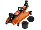 an orange jack sitting next to a pair of black wheels on top of a white surface