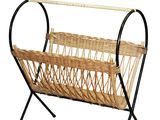 an image of a magazine rack with a basket on top of it