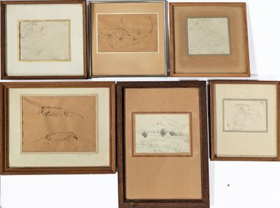 six framed and unframed drawings of animals and birds in wood frames