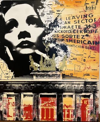 a painting of a woman with a cigarette in front of a building