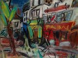 un tableau représentant un homme qui descend la rue à vélo