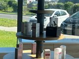 une table chargée d'objets, placée devant une fenêtre