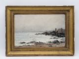 an oil painting of a beach scene with a castle in the distance