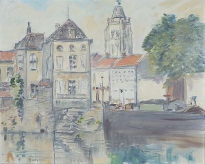 une peinture représentant un bateau sur l'eau, devant un immeuble