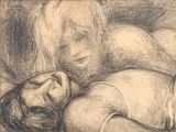 a drawing of a man laying down on a bed