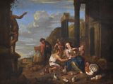 une image représentant un tableau où l'on voit un groupe de personnes dans un paysage rocheux
