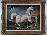 a painting of a white horse running in a field