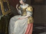 tableau représentant une femme assise devant un miroir, un pinceau à la main