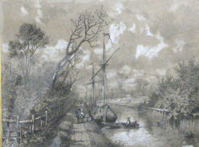 drawing of a river scene with a boat and people on it
