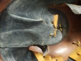 a close up of a vase with a bird inside of it