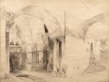 an old drawing of a building with columns and arches
