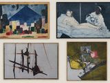 four paintings on a wall with a woman laying on a bed and a man laying on a bed