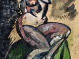 an image of a painting of a woman sitting on a rock