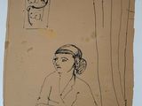 a drawing of a woman sitting at a table