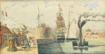 a painting of a harbor scene with ships and people