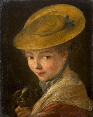 un tableau représentant une femme coiffée d'un chapeau jaune tenant un chien dans ses bras