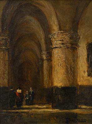 une peinture à l'huile représentant des personnes dans un bâtiment orné de colonnes et d'arcades