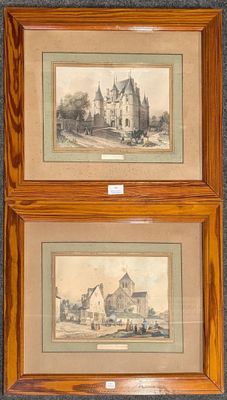 deux aquarelles représentant un château et une ville