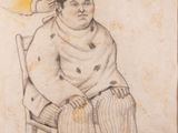 drawing of a man sitting in a chair with a hat on his head