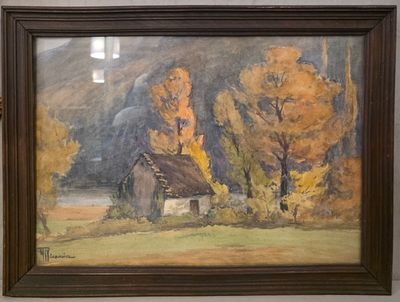 une image représentant un tableau montrant une maison dans un champ bordé d'arbres