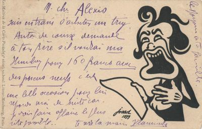 une vieille carte postale sur laquelle est dessinée une femme tenant un bout de papier