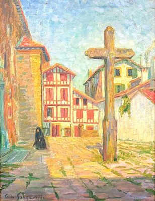 an oil painting of a woman walking down a cobblestone street