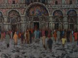 a painting of a group of people walking in front of a building