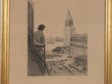 painting of a man standing on a ledge looking out over a city