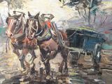 painting of two horses pulling a buggy with a man in the back