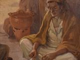 painting of a woman sitting on the floor next to a pot of food