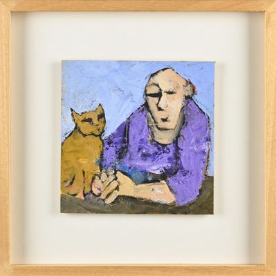 tableau représentant un homme et un chat, dans un cadre en bois