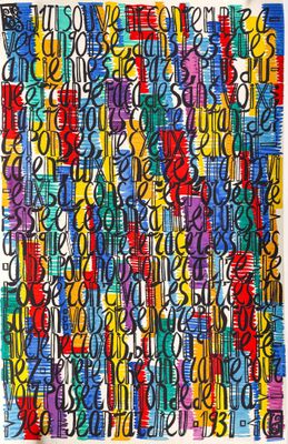 a multicolored piece of art with a lot of letters on it