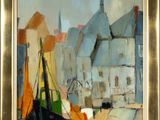 une peinture à l'huile représentant des bateaux dans un port avec des bâtiments à l'arrière-plan