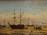 un tableau représentant un bateau sur la plage, avec des personnes sur le rivage