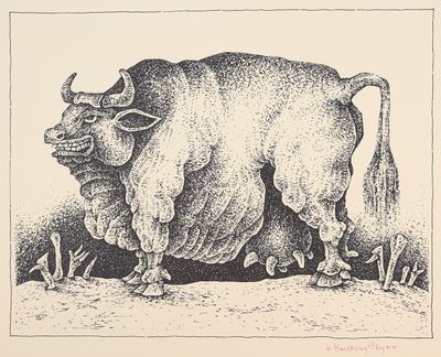 un dessin en noir et blanc représentant un taureau dans un champ