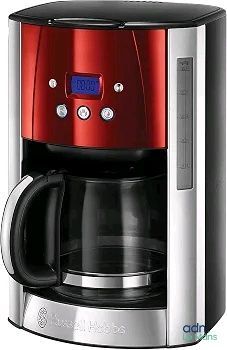 the coffee maker is red and silver with a glass carafeo