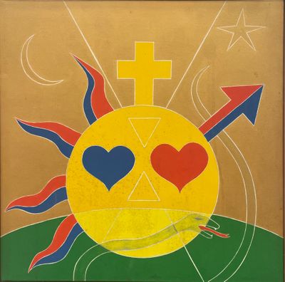une image représentant un tableau sur lequel figurent un soleil, deux cœurs et une croix