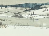 painting of a snow covered mountain range with a lake in the foreground