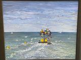un tableau représentant un bateau en mer, avec des mouettes qui volent tout autour