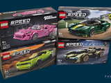 three lego speed cars in a box on a blue background