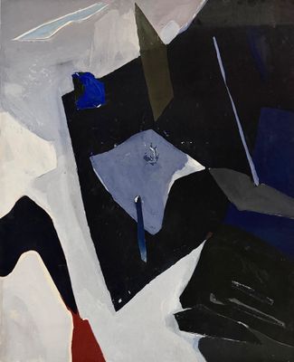 an image of a painting with black, white, blue, and red colors