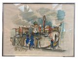a watercolor painting of a gondola with people on it
