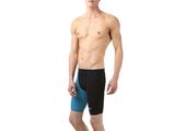 man in black and blue swim trunks standing on a white background