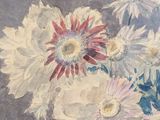 a painting of flowers in a blue vase on a table