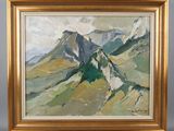 an oil painting of a mountain range with trees in the foreground