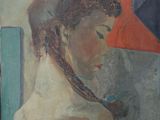 tableau représentant une femme tenant un parapluie devant un parapluie bleu et rouge