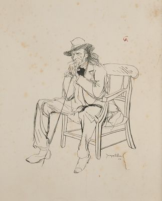 dessin représentant un homme assis sur une chaise, coiffé d'un chapeau et tenant un téléphone portable
