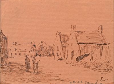 dessin représentant une scène de village avec un homme à vélo et une femme à cheval